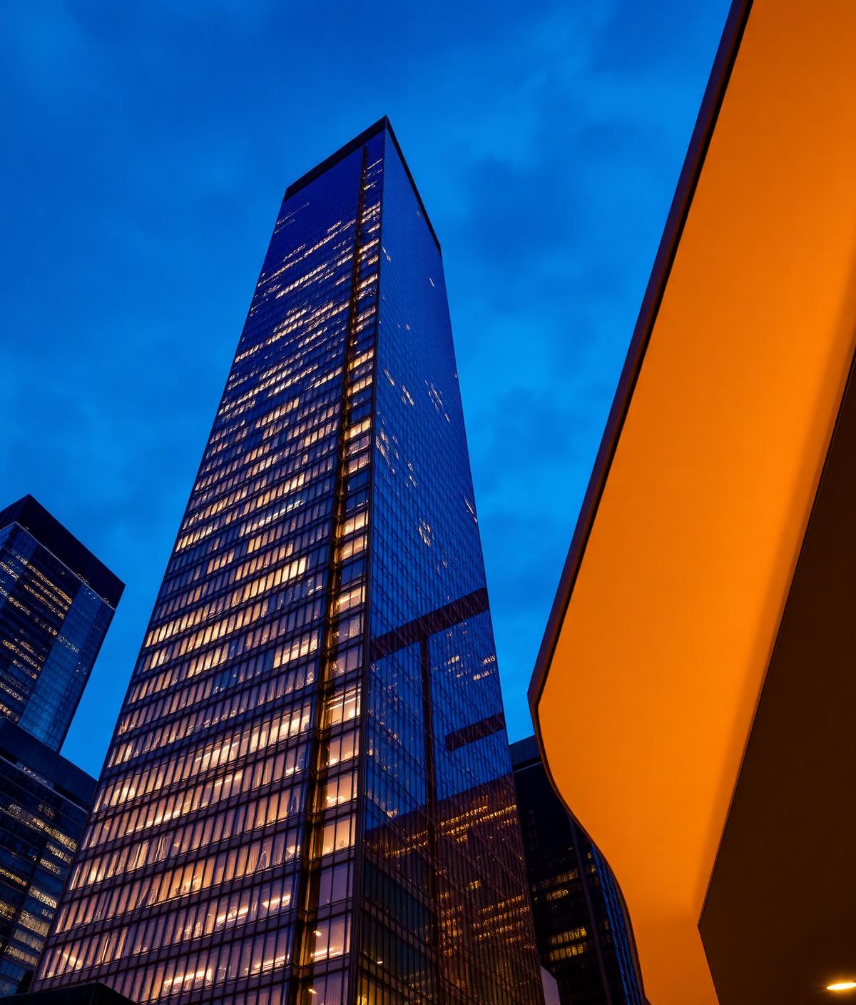 Apex International Bank tower at dusk